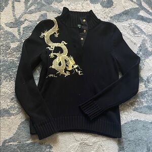 Vintage Ralph Lauren Black Sweater with Gold Dragon Design